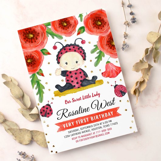 Gold Glitter I Ladybug Waterverf First Birthday Kaart