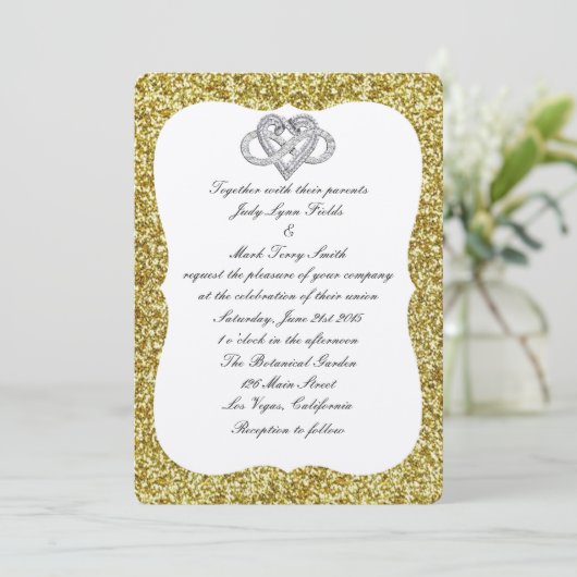 Gold Glitter Infinity Heart Wedding Uitnodiging (Staand voorkant)
