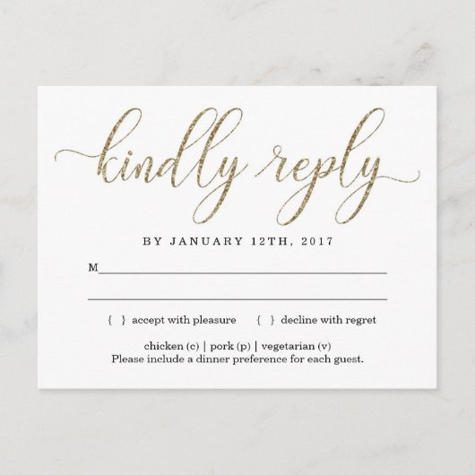 Gold Glitter Invitation RSVP-Briefkaart Uitnodiging Briefkaart (Voorkant)