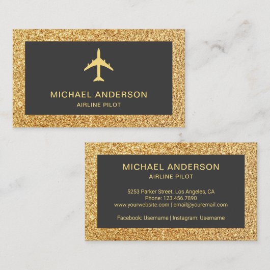 Gold Glitter Jet Vliegtuig Airline Pilot Visitekaartje (Voorkant / Achterkant)