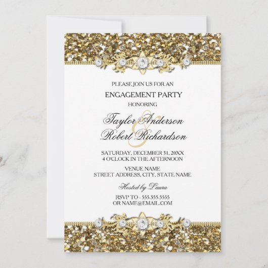 Gold Glitter & Jewel Engagement Party nodigt uit Kaart (Achterkant)