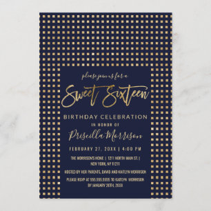 Gold Glitter Jewels Navy Blue Sweet 16 Kaart