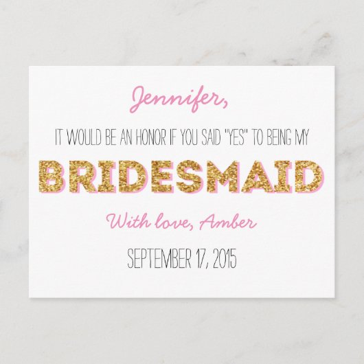 Gold Glitter: Jij zult mijn bruidsmeisje Briefkaar Uitnodiging Briefkaart (Voorkant)