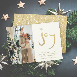 Gold Glitter Joy Brush Calligrafie kerstfoto Feestdagenkaart