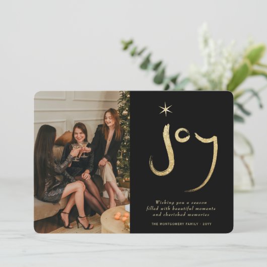 Gold Glitter Joy Brush Calligrafie kerstfoto Feestdagenkaart (Staand voorkant)