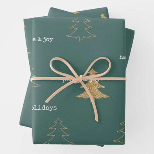 Gold Glitter kerstbomen Pine Green Quottes Inpakpapier Vel (In situ)