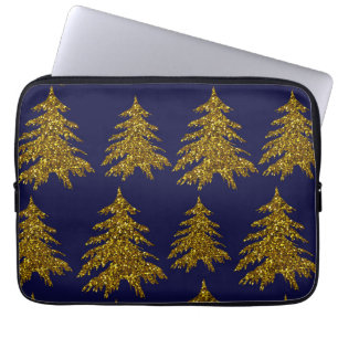 Gold glitter-kerstboom op blauwe achtergrond laptop sleeve