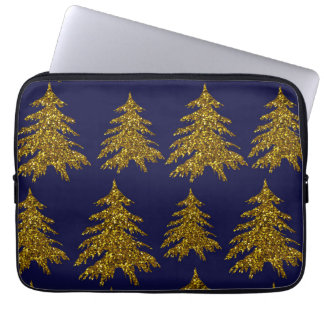 Gold glitter-kerstboom op blauwe achtergrond laptop sleeve