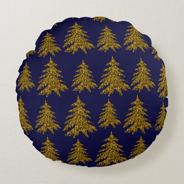 Gold glitter-kerstboom op blauwe achtergrond rond kussen (Voorkant)