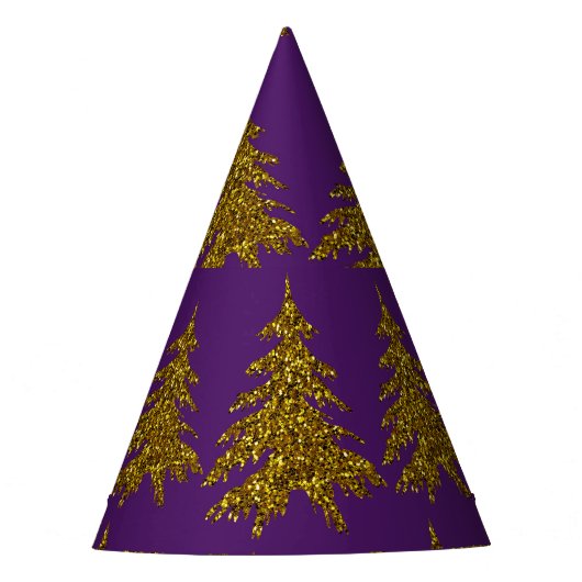 Gold glitter kerstboom op paarse achtergrond feesthoedjes (Voorkant)
