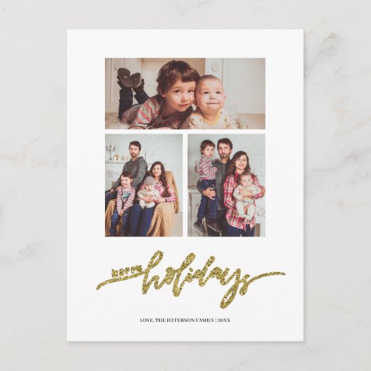 Gold Glitter Kerstmis 3 Foto Collage Holiday Briefkaart (Voorkant)