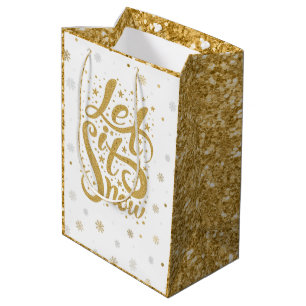 Gold Glitter-kersttypografie laat het sneeuwen Medium Cadeauzakje