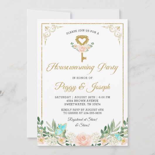 Gold Glitter Key Roos Garden Housewarming Invite Kaart (Voorkant)