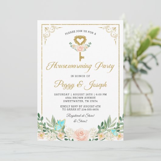 Gold Glitter Key Roos Garden Housewarming Invite Kaart (Staand voorkant)