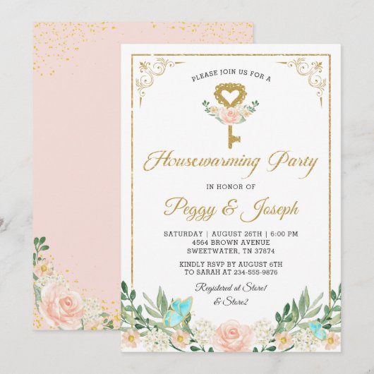 Gold Glitter Key Roos Garden Housewarming Invite Kaart (Voorkant / Achterkant)