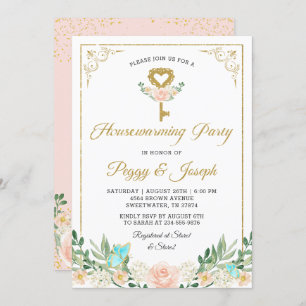 Gold Glitter Key Roos Garden Housewarming Invite Kaart
