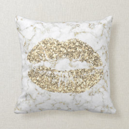 Gold Glitter Kiss Lips Glam Makeup White marmer Kussen