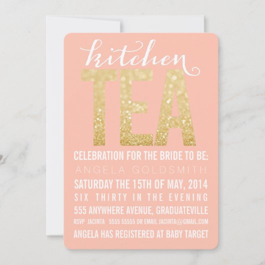 Gold Glitter Kitchen Tea Shower Party - Uitnodigin Kaart (Voorkant)
