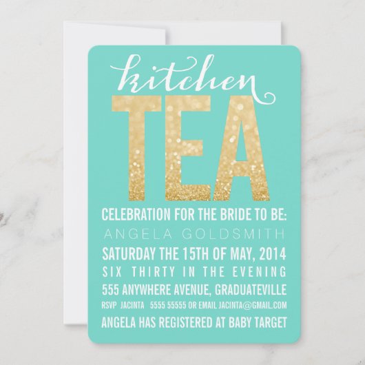 Gold Glitter Kitchen Tea Shower Party - Uitnodigin Kaart (Voorkant)