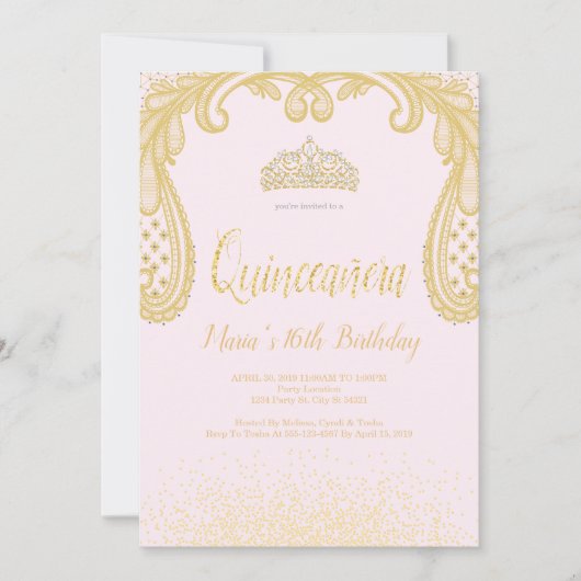 Gold Glitter & Lace, Quinceañera-uitnodigingen Kaart (Voorkant)
