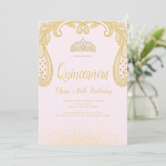 Gold Glitter & Lace, Quinceañera-uitnodigingen Kaart (Staand voorkant)