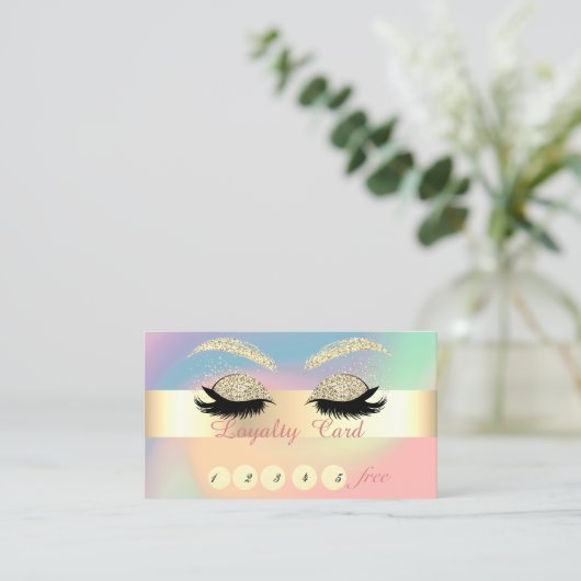 Gold Glitter Lashes Colorful Pastel Holographic Klantenkaartje (Staand voorkant)