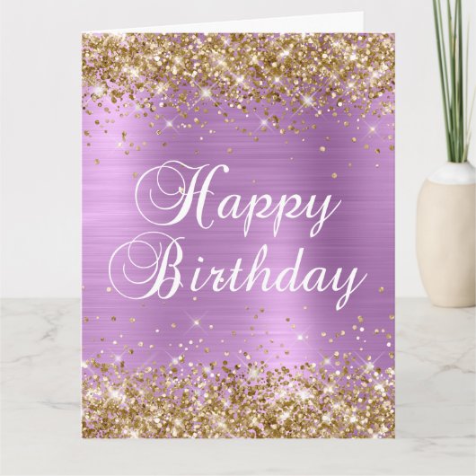 Gold Glitter Lavender Folie Big Happy Birthday Kaart (Voorkant)