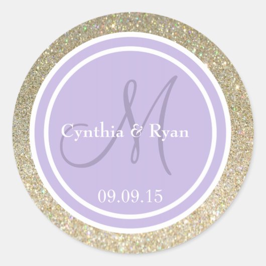 Gold Glitter & Lavender Weddenschap Monogram Ronde Sticker (Voorkant)