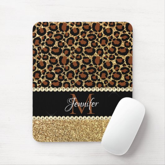 Gold Glitter Leopard Girly Glam Monogram Muismat (Met muis)