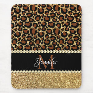 Gold Glitter Leopard Girly Glam Monogram Muismat