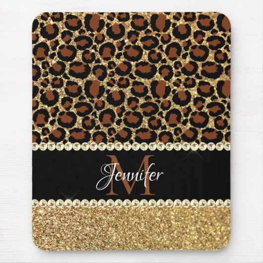 Gold Glitter Leopard Girly Glam Monogram Muismat (Voorkant)