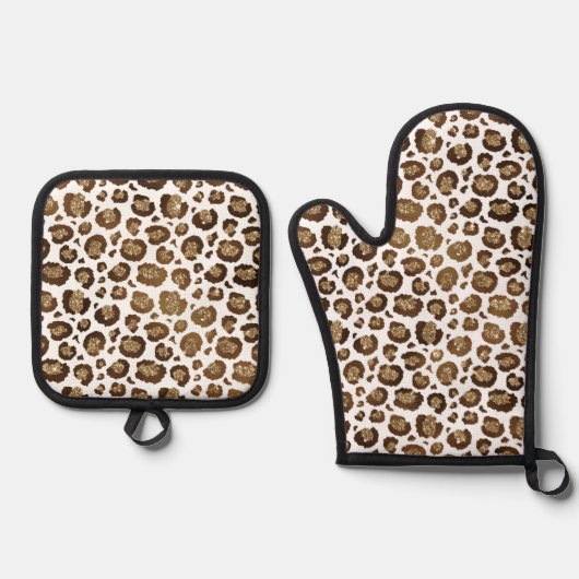 Gold Glitter Leopard Print Ovenwant & Pannenlap Set (Voorkant)