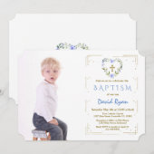 Gold Glitter Lijst Cross Floral Boy Foto Baptisme Kaart (Voorkant / Achterkant)