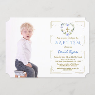 Gold Glitter Lijst Cross Floral Boy Foto Baptisme Kaart