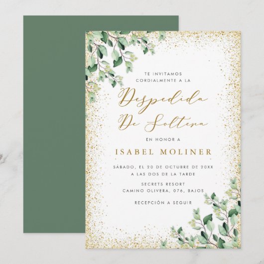 Gold Glitter Lijst Greenery Spaans Vrijgezellenfee Kaart (Voorkant / Achterkant)