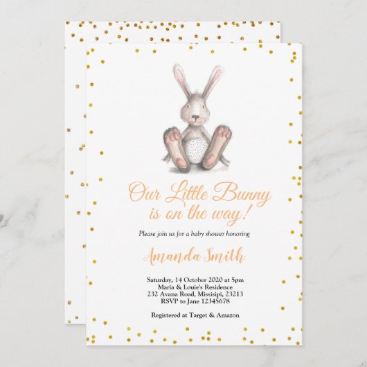 Gold Glitter Little Bunny Baby shower Uitnodiging (Voorkant / Achterkant)