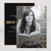 Gold Glitter look Photo Afstuderen Invitation Kaart (Voorkant / Achterkant)