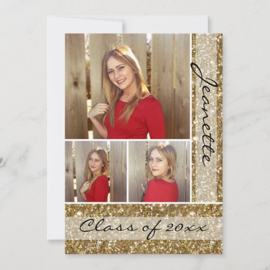 Gold Glitter-look Three 3 Foto Afstuderen Kaart (Voorkant)