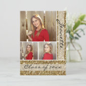 Gold Glitter-look Three 3 Foto Afstuderen Kaart (Staand voorkant)