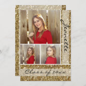 Gold Glitter-look Three 3 Foto Afstuderen Kaart (Voorkant / Achterkant)