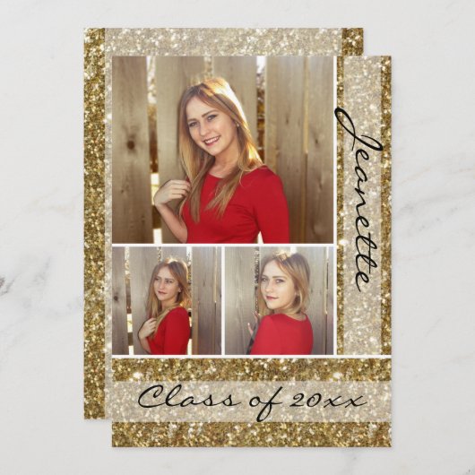 Gold Glitter-look Three 3 Foto Afstuderen Kaart (Voorkant / Achterkant)