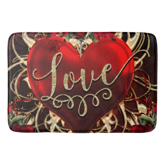 Gold Glitter Love Heart & Red Roses Romantic Badmat (Voorkant)