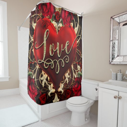 Gold Glitter Love Heart & Red Roses Romantic Douchegordijn (In situ)