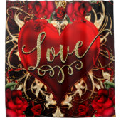 Gold Glitter Love Heart & Red Roses Romantic Douchegordijn (Voorkant)