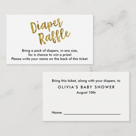 Gold Glitter Luier Raffle Ticket Informatiekaartje (Voorkant / Achterkant)