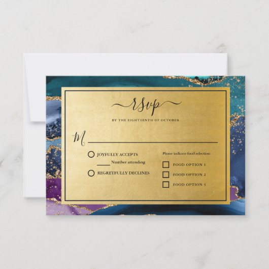 Gold Glitter Marble Agate Wedding RSVP Kaartje (Voorkant)