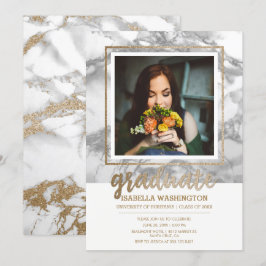 Gold Glitter Marble Script Photo Graduparty Kaart