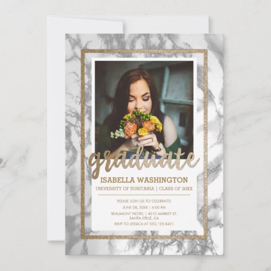 Gold Glitter Marble Script Photo Graduparty Kaart (Voorkant)