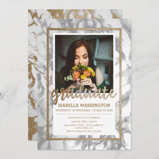 Gold Glitter Marble Script Photo Graduparty Kaart (Voorkant / Achterkant)