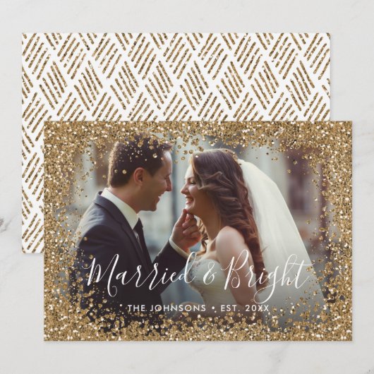 Gold Glitter Married en Bright Photo Lijst Feestdagenkaart (Voorkant / Achterkant)